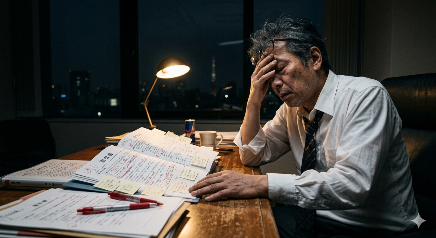 深夜、デスクライトに照らされた暗いオフィスで、大量の書類を前に片手で顔を覆い、深くうなだれるビジネスシャツ姿の男性。デスクには赤字や付箋が貼られた報告書、ペン、マグカップ、エナジードリンクがあり、窓の外には東京タワーを含む夜景が広がっている。