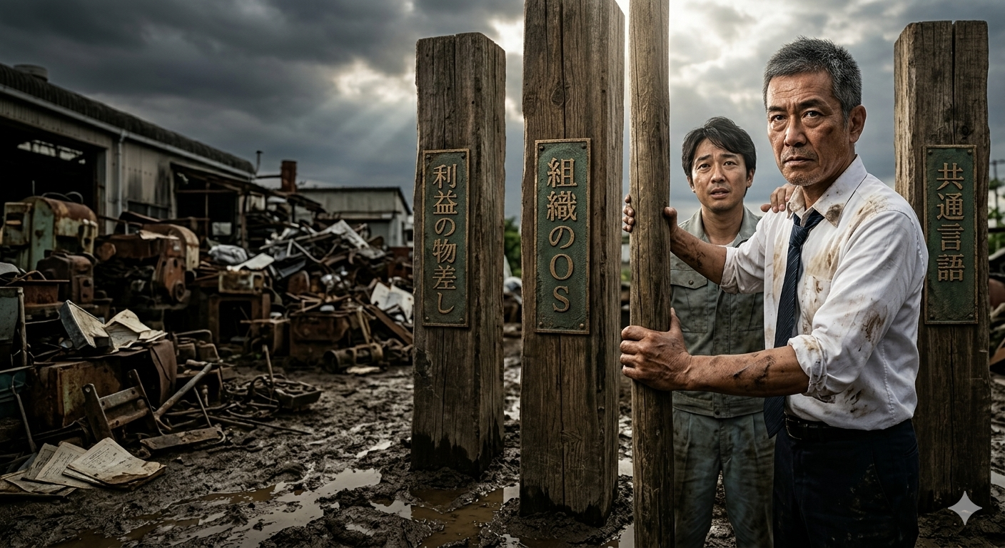 ぬかるんだスクラップ置き場のような場所で、泥のついた白いシャツ姿の年配の男性と、作業服姿の若い男性が、木製の柱に体を寄せて立っている。3本の太い木の柱には、それぞれ日本語で「利益の物差し」「組織のOS」「共通言語」と書かれた木のプレートが打ち付けられている。背景には大量の金属くずや機械が山積みにされており、曇り空から光が差し込んでいる。