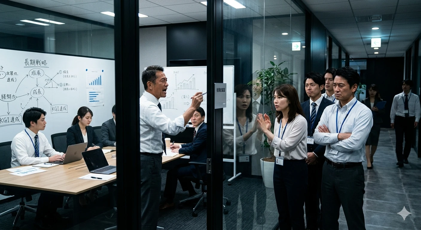 ガラス張りの会議室内部で、ホワイトボードの前に立ちペンを持って指示を出す男性と、ガラスの外側の通路で、その様子を沈んだ表情で見つめながら立ち尽くす複数の従業員。組織内の情報の非対称性と、階層間での認識の乖離を可視化した状態