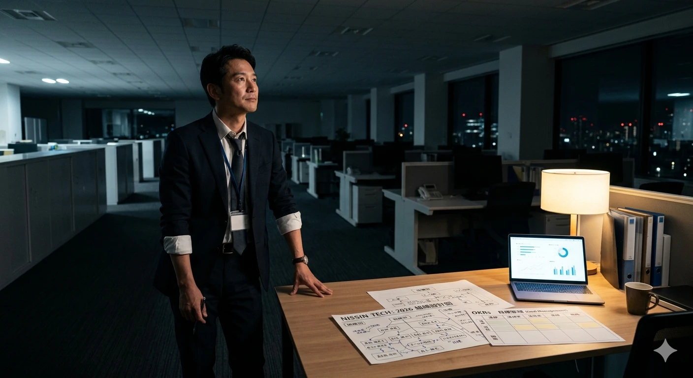 消灯後のオフィスで、デスクに広げられた設計図のような書類を前に、パソコン作業を止めて遠くを見据える男性。山積みの事務書類ではなく、組織の全体像を示す資料を扱い、実務者から管理職へ役割を転換する過程を可視化した状態