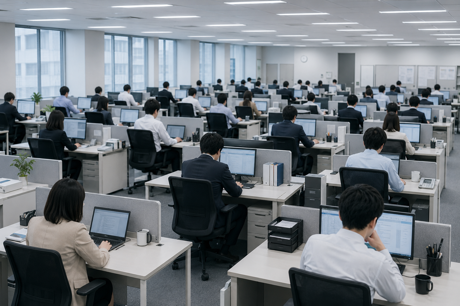 パーテーションで仕切られたオフィスで、多数の社員がそれぞれのデスクでパソコン画面に向かって個別に作業している後ろ姿