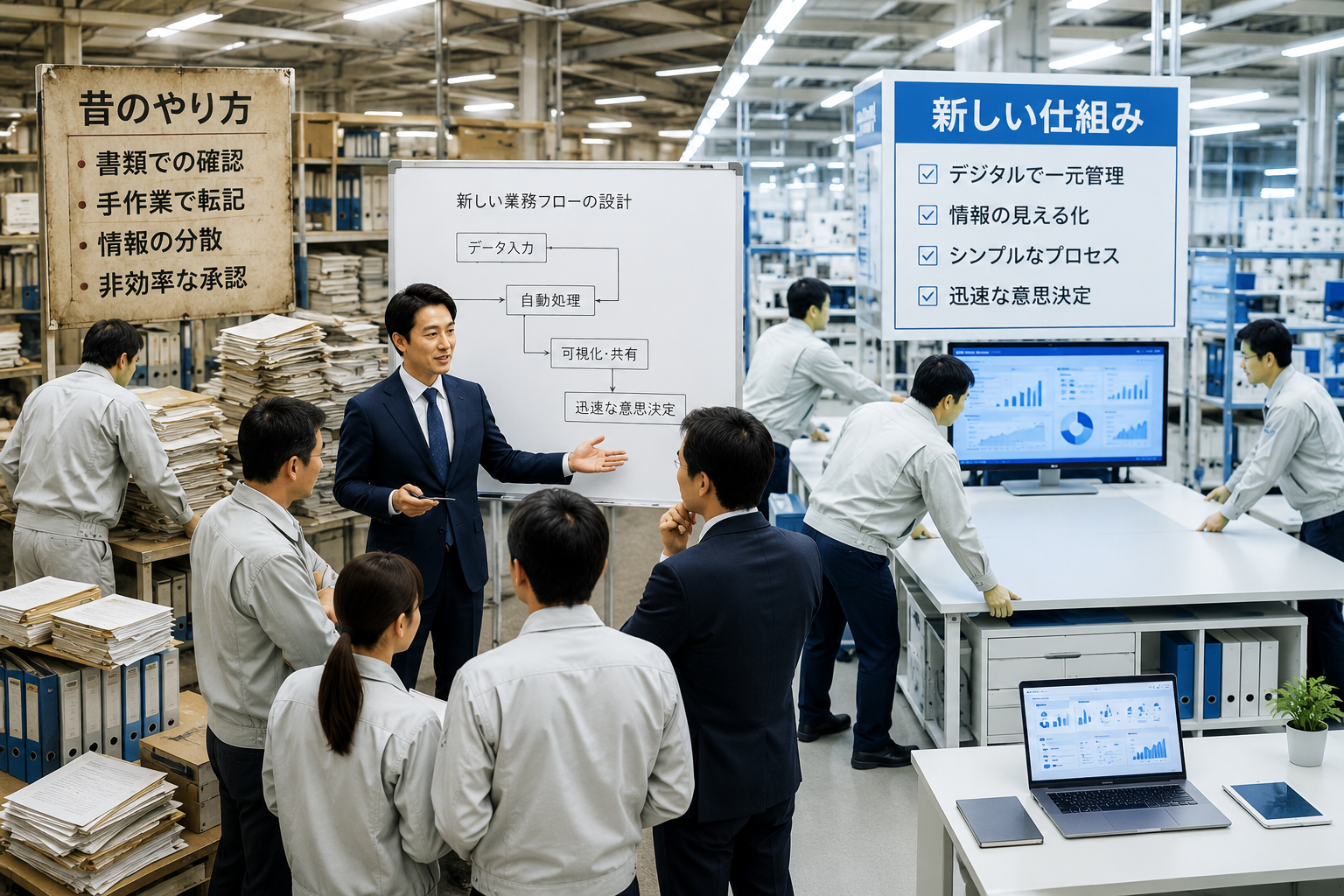 名古屋の製造業のDXを支援するコンサルタントが、アナログな「昔のやり方」の書類山積みの現場で、デジタルな「新しい仕組み」と「業務フロー」をホワイトボードとモニターを使い対比して解説。