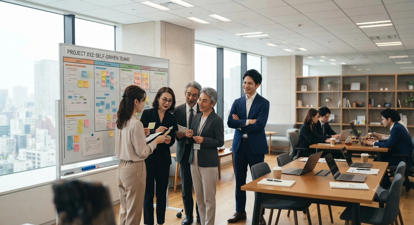 明るいオフィスで、若い経営者を含む男女のグループが「SELF-DRIVEN TEAMS（自走するチーム）」と書かれたホワイトボードを囲んで議論しており、経営者はその様子を満足げに見守っている。
