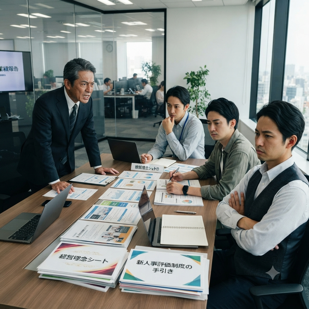 「経営理念シート」や「人事評価制度」といった改革案を前にし、経営者の熱意ある説明に対して腕を組んで反発的、あるいは冷めた態度をとる管理職層との断絶を示す会議風景。