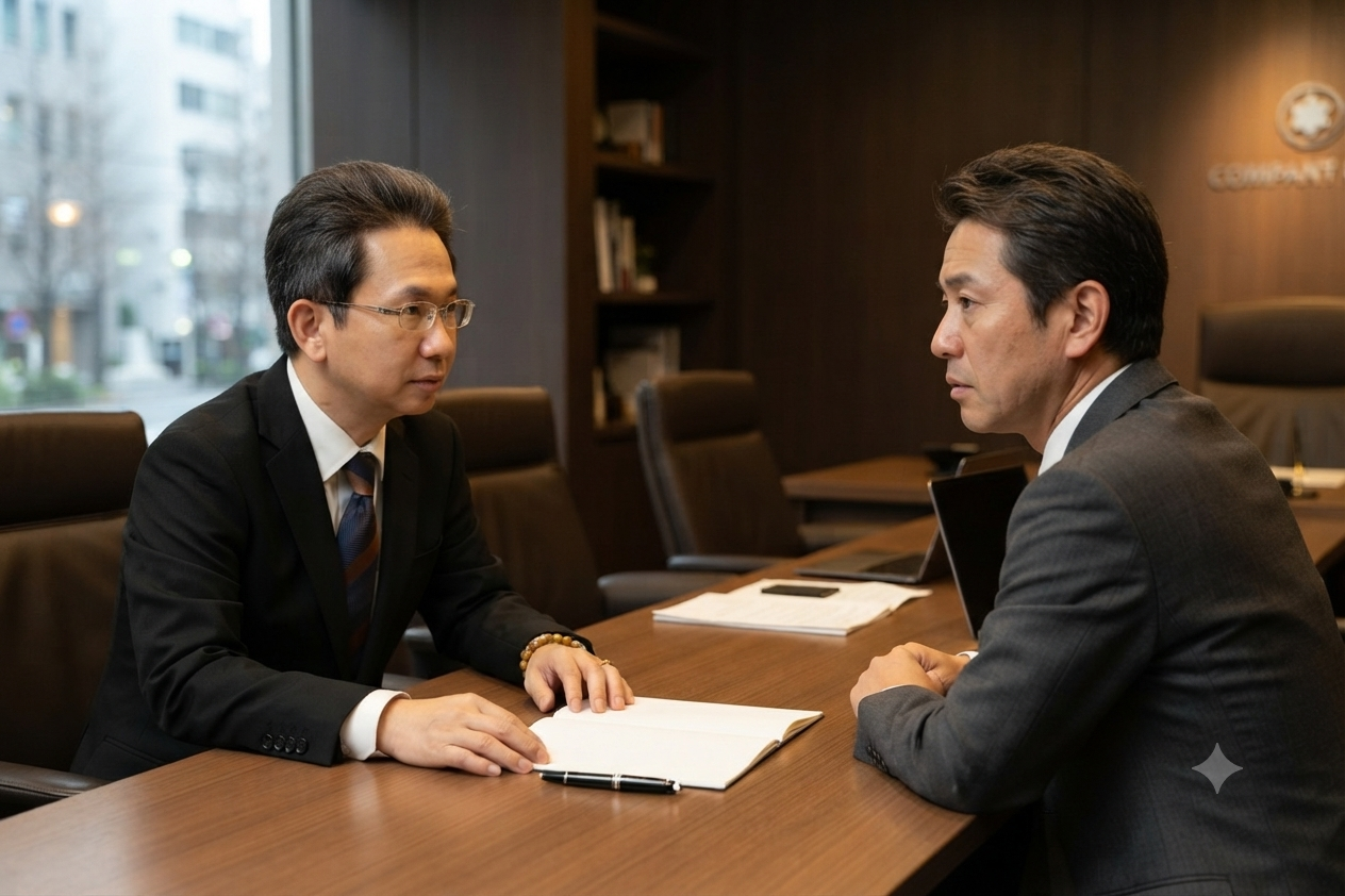 組織変革の重要局面において、管理職に対して「変わるか、去るか」という覚悟を鋭く問いかけ、真摯に向き合うコンサルタントと経営者の面談風景。