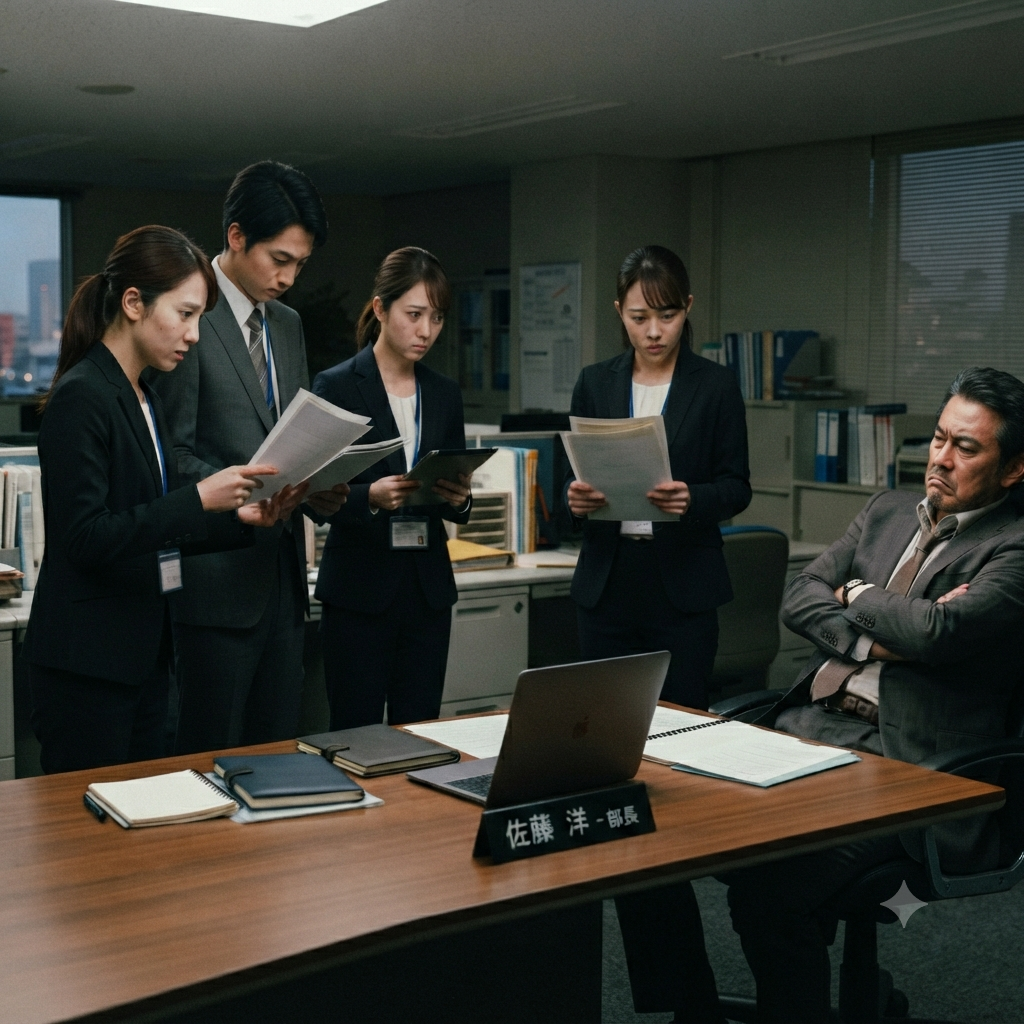 部下の報告や相談を腕を組みながら冷ややかな表情で拒絶する管理職と、困惑した様子で立ち尽くす部下たち。人間性を欠いたマネジメントによる組織の停滞