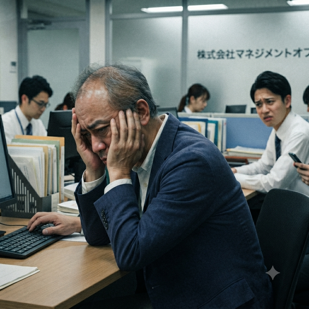 具体的な方法論や計画が欠如し、管理職の役割が曖昧なまま、デスクで頭を抱える経営者。相談相手もおらず、誰にも頼れない『社長一人の属人経営』の限界と強いストレスを表現