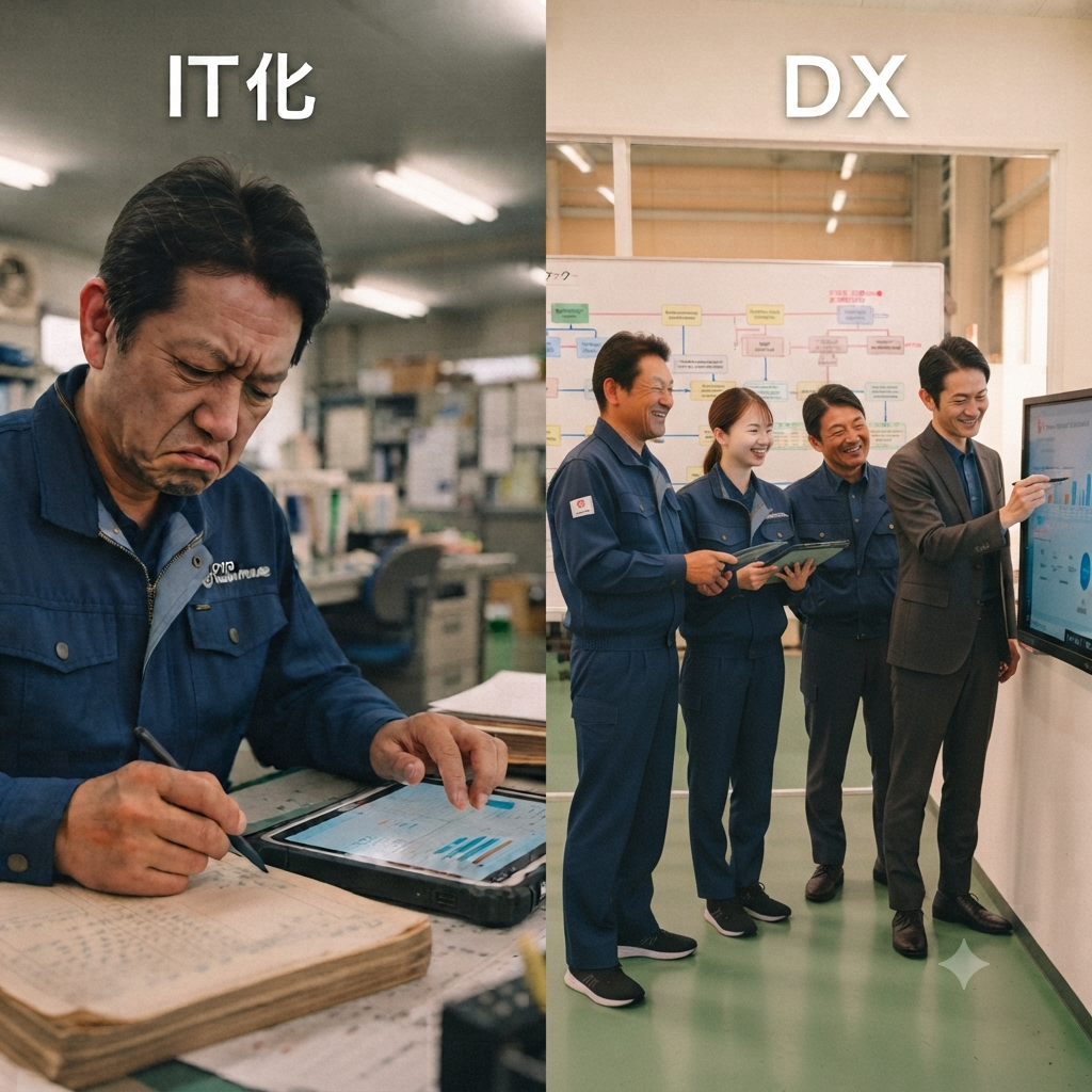 左右で比較した画像。左側はタブレットと紙の書類を前に苦悩する製造現場の担当者（IT化の例）、右側はホワイトボードとデジタルモニターを囲み、笑顔で業務改善に取り組む製造現場のチームとコンサルタント（DXの例）