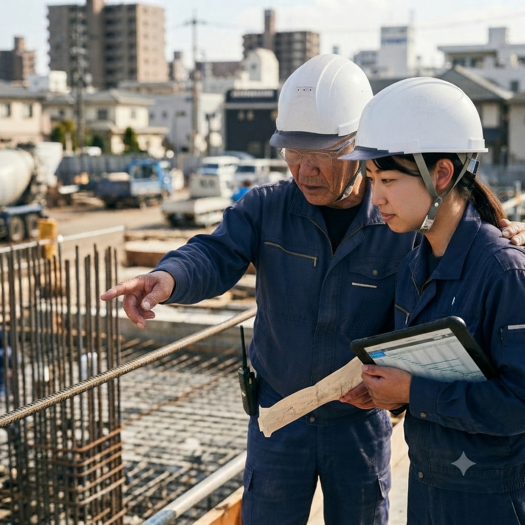 建設現場にて、ベテランの指導役が若手社員に対して図面を示しながら直接的に技術や判断基準を教えている様子。ペア制度を通じて確実な教育を行う組織の姿。