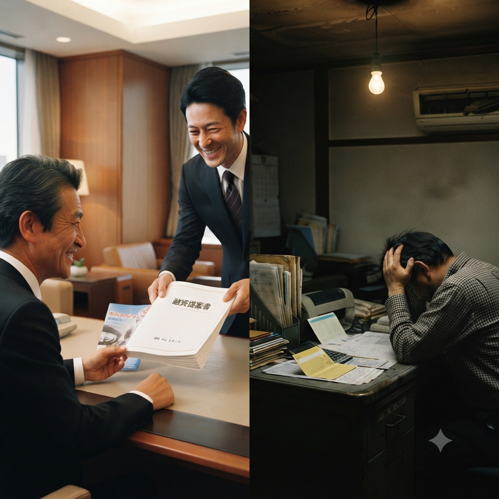 左は銀行員が笑顔で融資提案書を渡す場面、右は薄暗い事務所で書類に頭を抱える経営者。資金が必要な時と不要な時での銀行対応の違いを表す対比画像