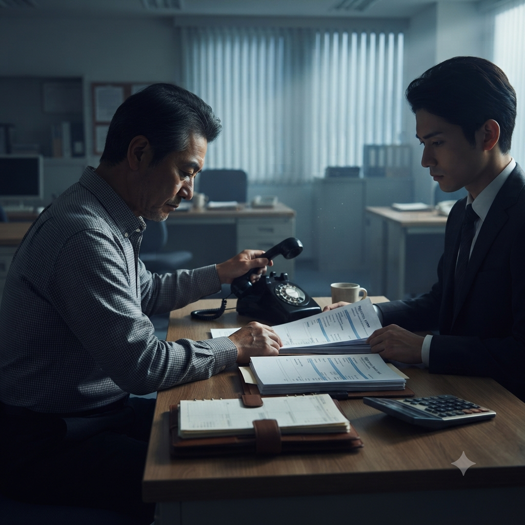 薄暗い事務所で電話を手に取る経営者と、決算書を厳しい表情で確認する銀行員。融資審査で数字を精査される緊張した場面