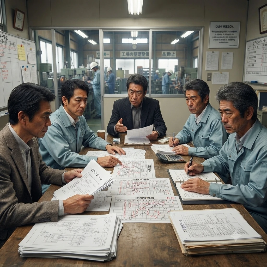 工場の会議室で、スーツ姿の人物と複数の作業服姿の社員がテーブルを囲み、書類や図面を広げて真剣な表情で話し合っている様子。