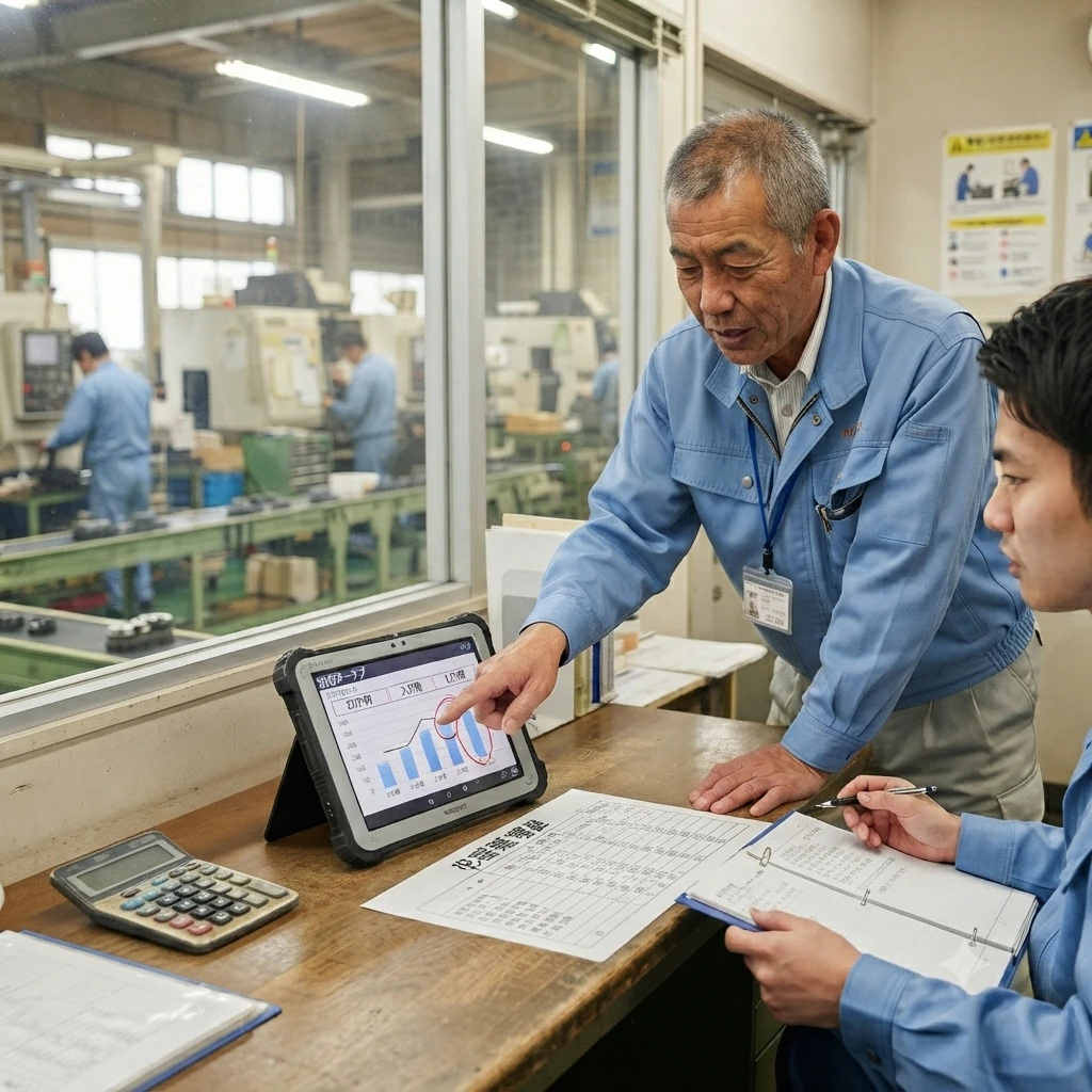 工場の管理室内で、作業服姿の年配の男性がタブレット端末の画面を指差し、若い社員に説明や指導をしている様子。