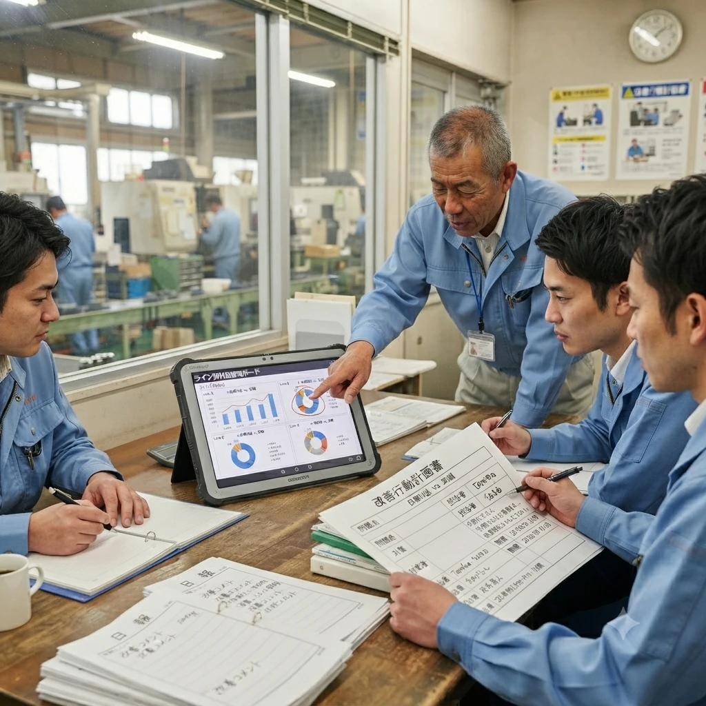 工場の管理室内で、タブレット端末に表示されたグラフやデータを中心に、作業服姿の複数の社員が真剣な表情で確認・ミーティングをしている様子。