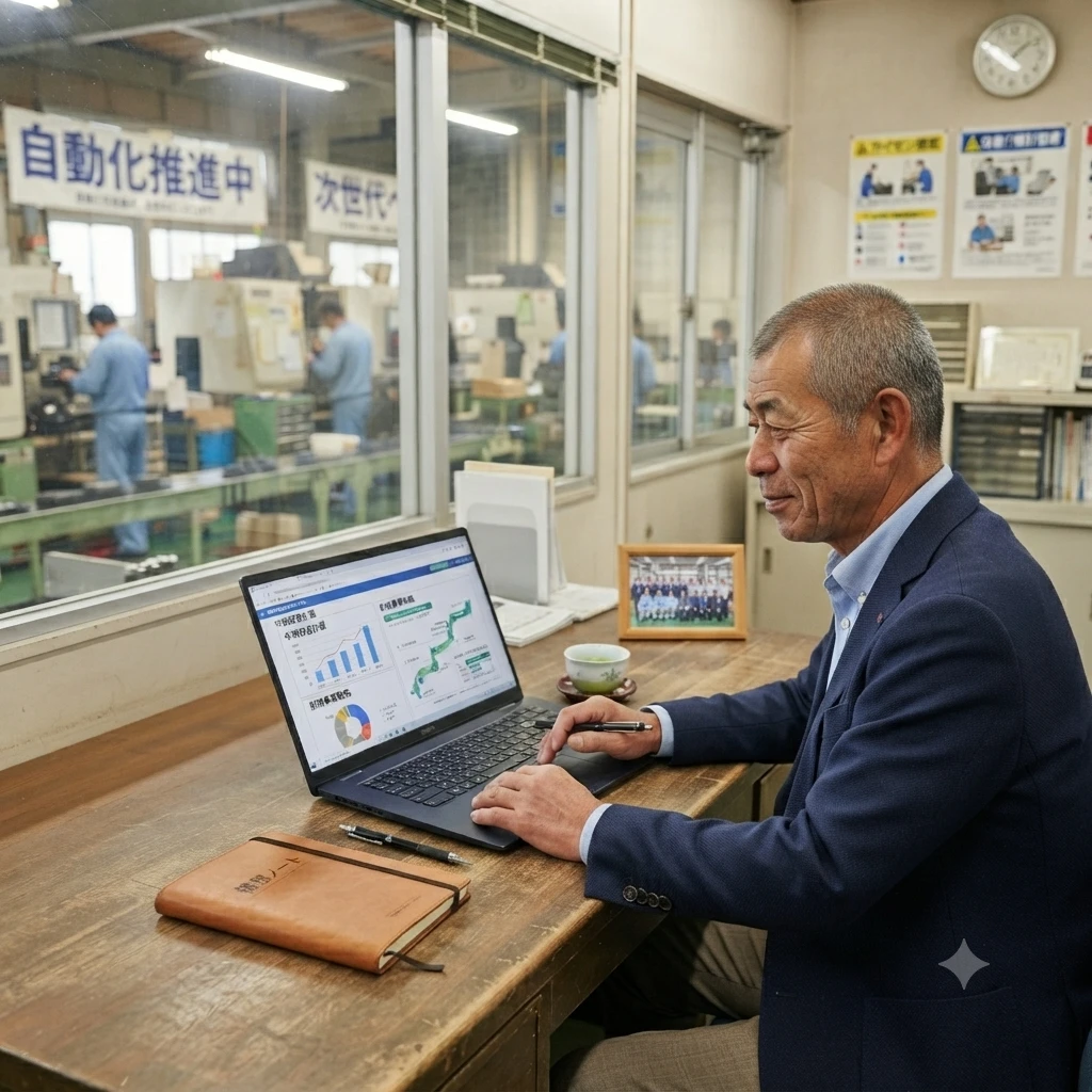 工場の管理室内で、売上やデータのグラフが表示されたノートパソコンに向かい、落ち着いた表情で作業や確認をしているスーツ姿の男性。