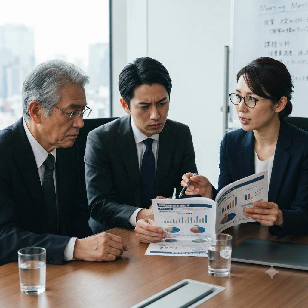 会議室のテーブルで、資料やグラフを開きながら真剣な表情で話し合う3人のビジネスパーソン（シニア男性と、スーツを着た男性・女性）の様子。