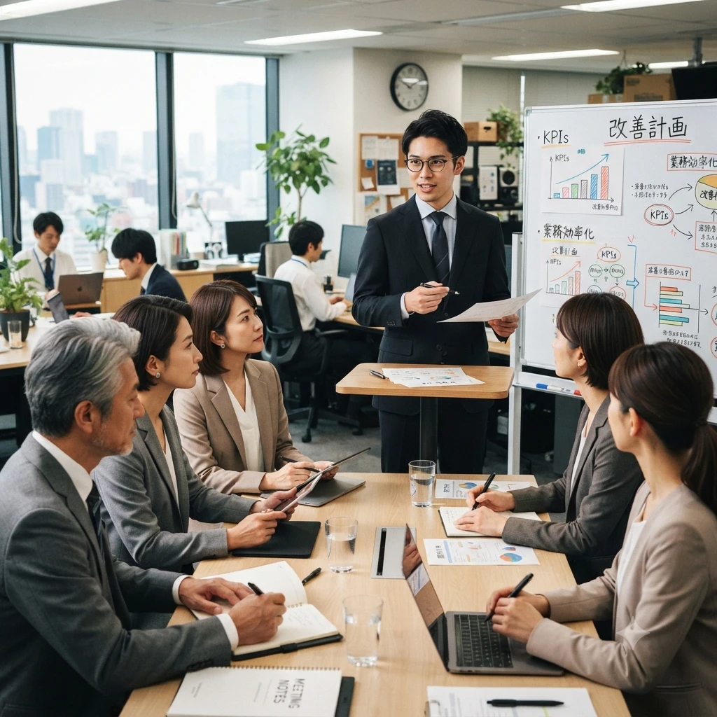 オフィスの会議室で、ホワイトボードや資料を使いながら社員に向けて説明・プレゼンテーションを行っているビジネスパーソンの様子。
