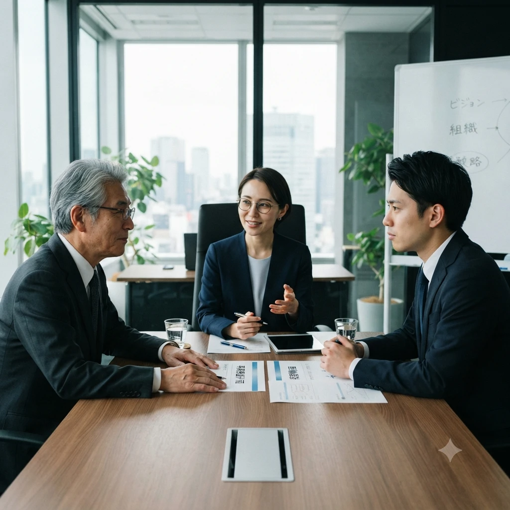 オフィスの会議室で、テーブルを挟んで3人のビジネスパーソンが向き合い、真剣に話し合っている様子。