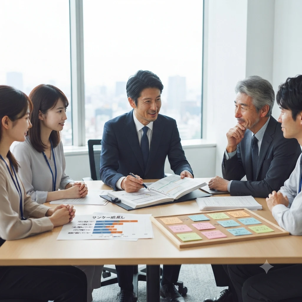 窓から光が差し込む明るい会議室で、テーブルを囲みながらグラフ資料やメモボードを見せ合い、笑顔で話し合うスーツ姿の経営者やコンサルタント、社員たちを描いた写実的なビジネスイラスト。