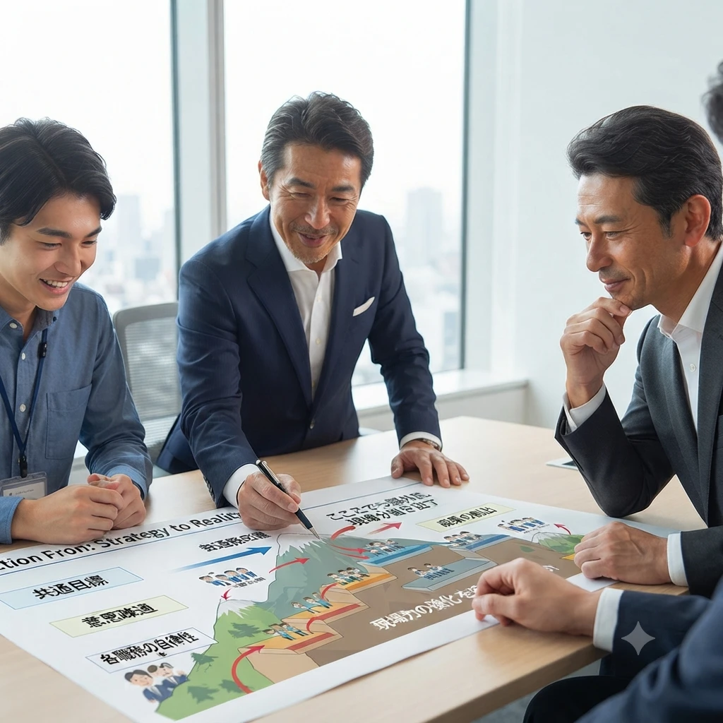 明るい窓際の会議室で、山登りの経路やステップアップの図解が描かれた大きなシートを囲み、ペンを手にした中央の男性と笑顔で話し合うビジネスパーソンたちを描いた写実的なビジネスイラスト。