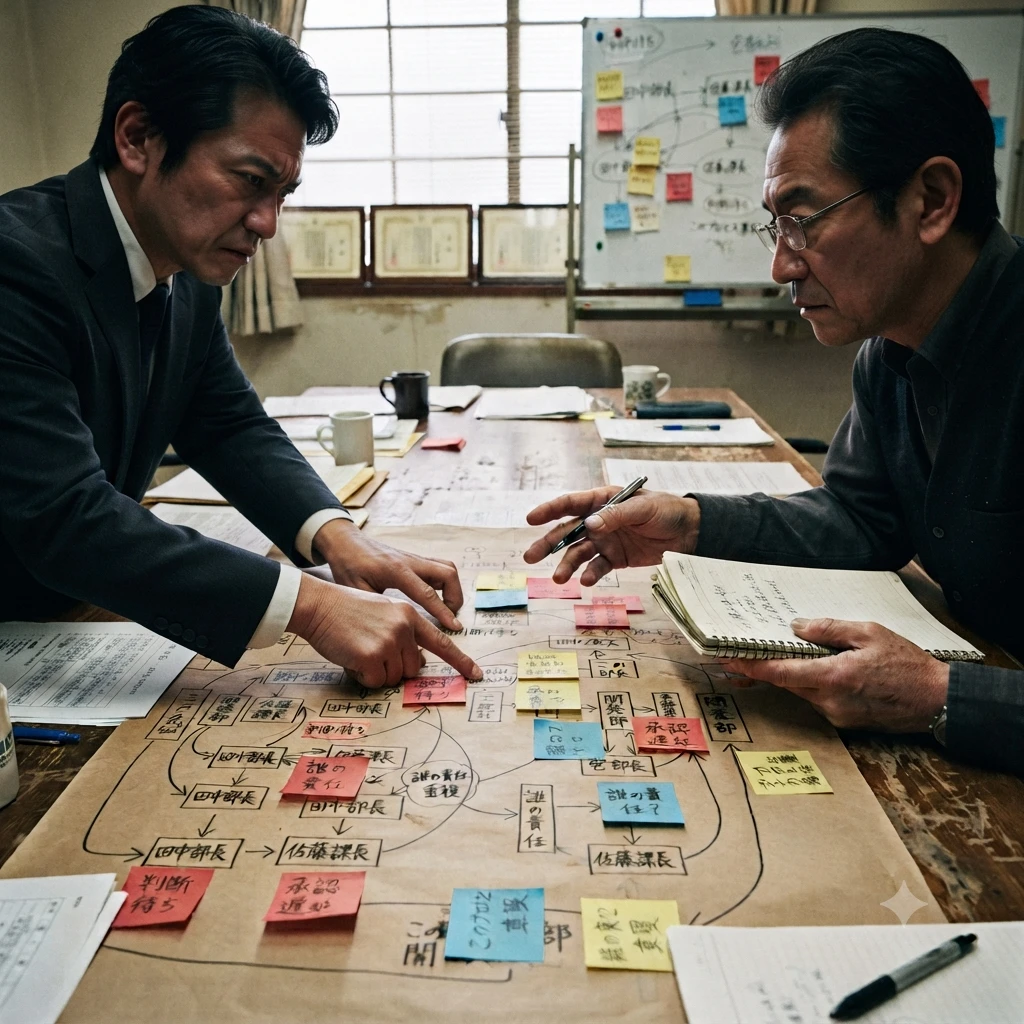 落ち着いた会議室の木製テーブルを囲み、組織の構造や判断のボトルネックが手書きされた大きな模造紙や付箋の図面を真剣な表情で見据えながら議論を交わす、スーツ姿の経営者とコンサルタントのリアルなワンシーン。