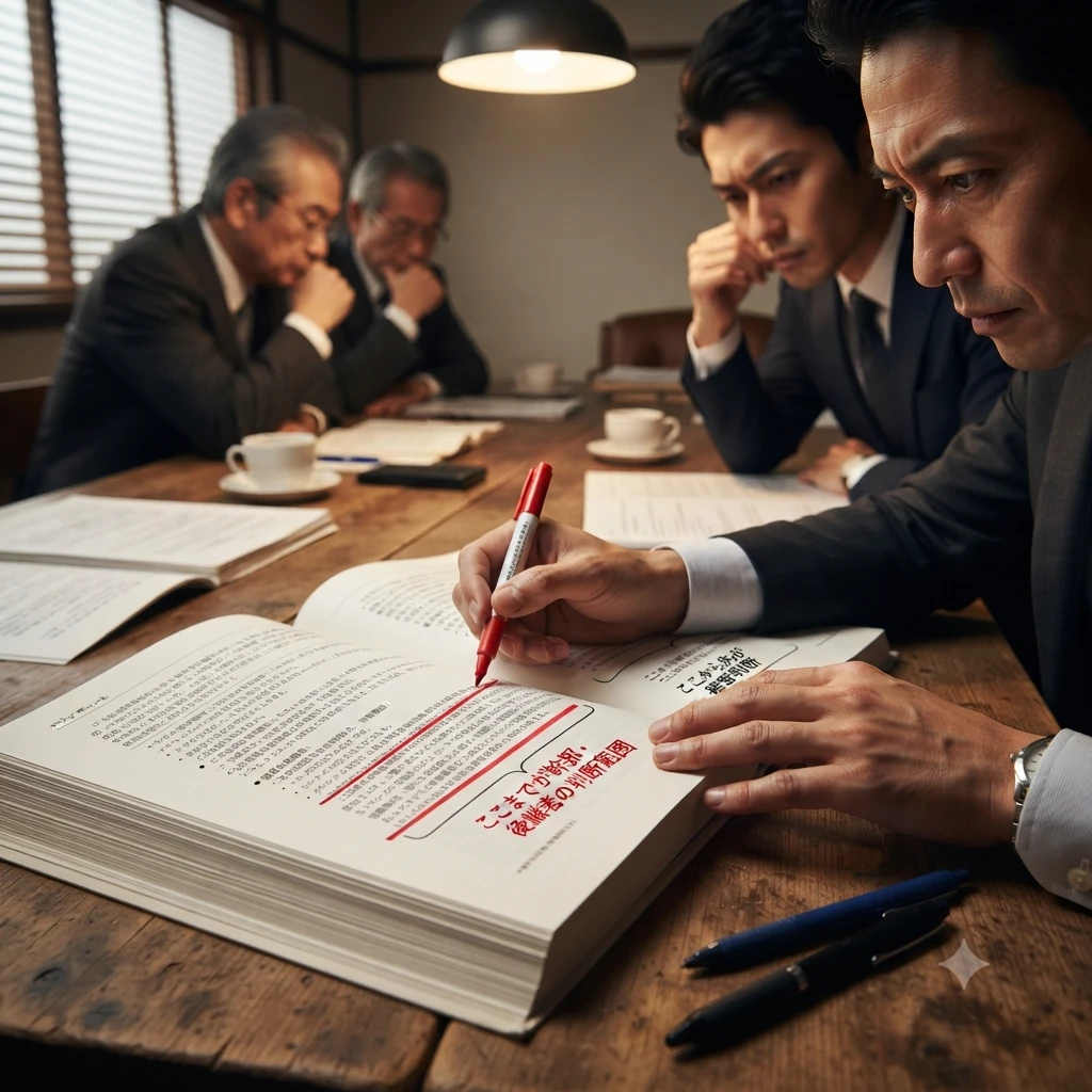 落ち着いた雰囲気の木製会議室。奥のテーブルで年配の男性を含む3人の経営陣が深刻な表情で資料を見つめ、手前のテーブルでは一人の男性が、分厚い経営計画書（表紙には「事業承継計画」と読める日本語の文字と、赤ペンで引かれたハイライト）に、赤いマーカーで熱心に書き込みを行っている、真剣な議論と修正のワンシーン。