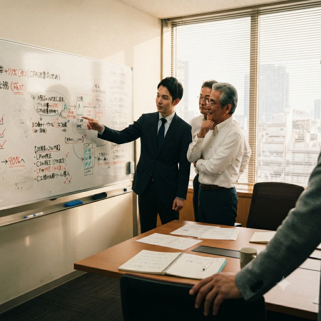 窓から都心のオフィス街が見える会議室。スーツ姿の若い男性が、複雑な組織図やフローチャートが赤と黒の手書き文字でびっしりと書き込まれたホワイトボードを、ペンを使って真剣な表情で解説している。その横で、年配の男性（会長・先代）が腕を組み、考え込みながら熱心にボードを見つめている。手前のテーブルには資料が広げられ、別の人物の腕も写り込んでいる、世代を超えた事業承継のリアルな議論の風景。