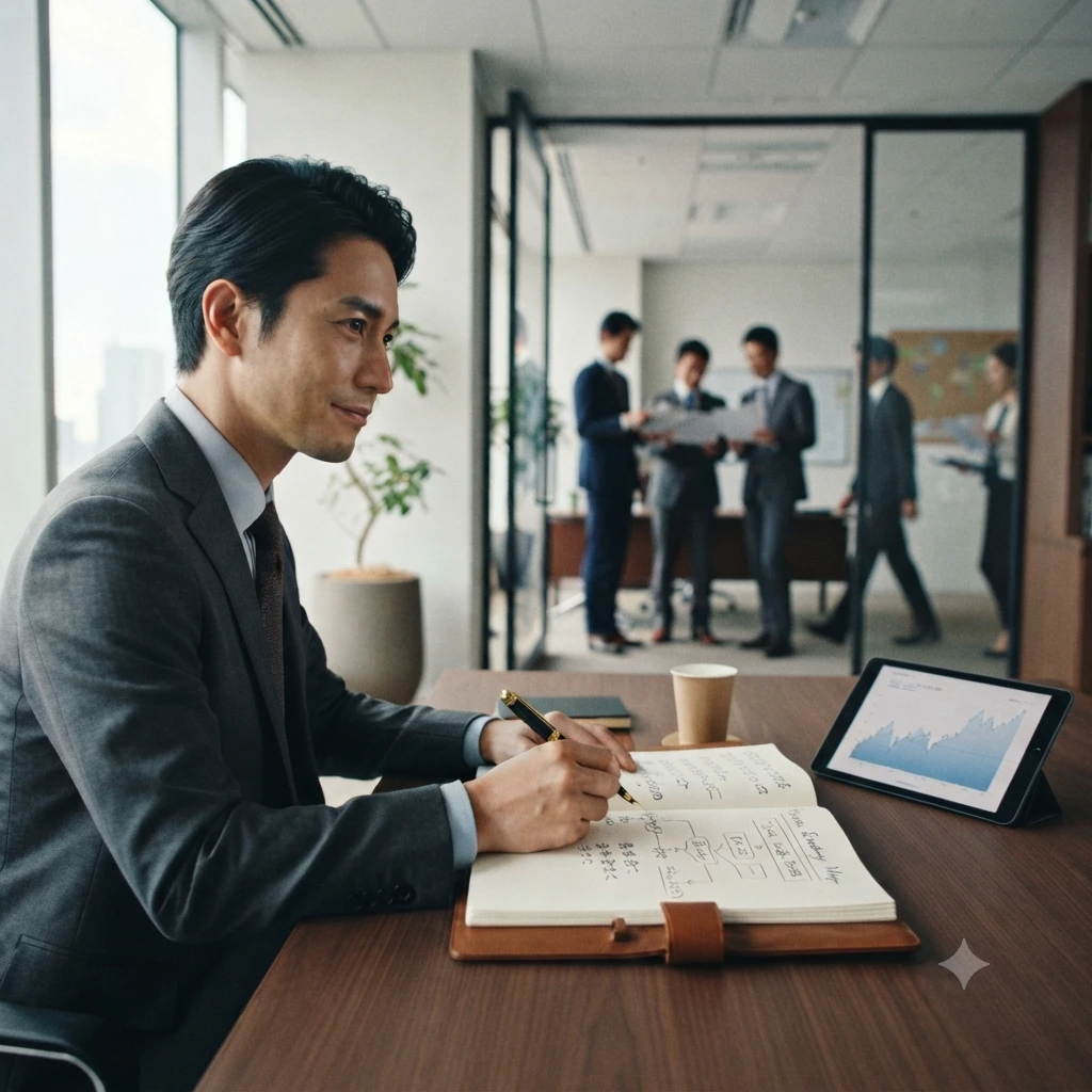 明るく開放的なオフィスのデスクで、タブレットのグラフを見ながら手元のノートにペンを走らせる、落ち着いた笑顔の若き経営者（後継者）。ガラス張りの奥の会議室では、幹部や社員たちが自発的に集まり活発に議論を交わしている様子が写り込み、日々の決裁から解放されたトップが「会社の未来を描くこと」に専念し、現場が自走する理想的な組織状態を表現したワンシーン。