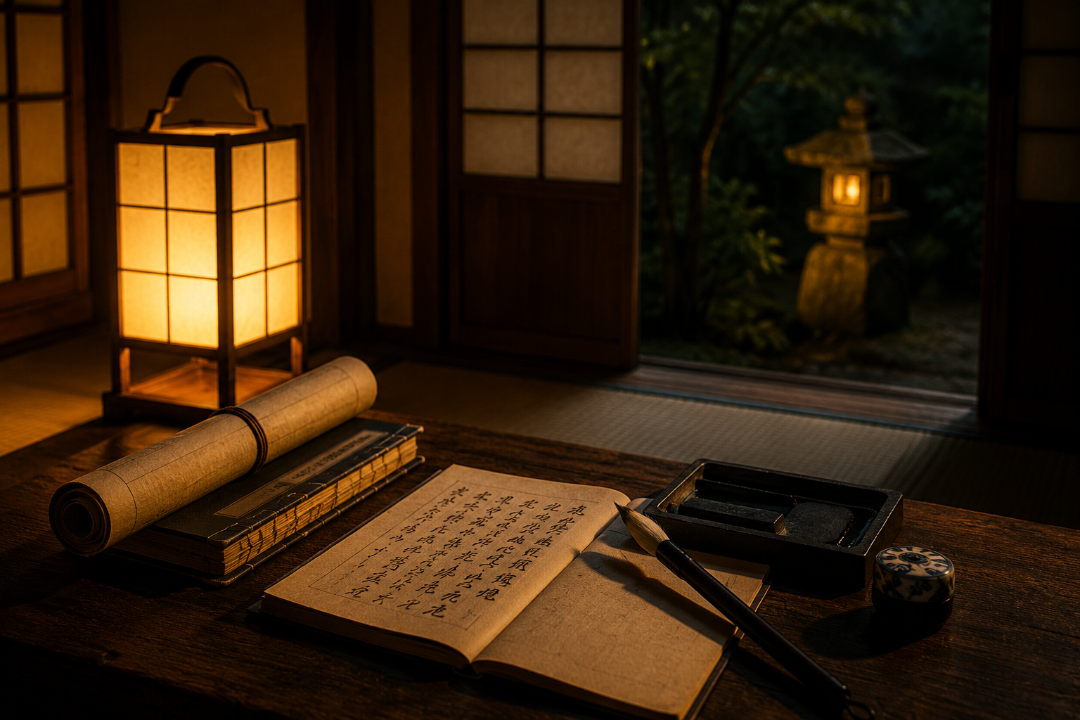 障子戸の開いた和室の机上に、漢文書籍の巻物や和本、硯と筆が置かれ、温かみのある行灯の光と窓の外の庭園の石灯籠が静けさと知的な雰囲気を醸し出している様子。