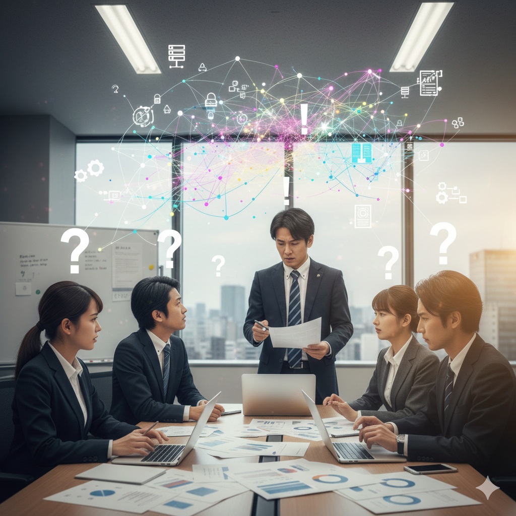 オフィスの一室で、長机を囲んで座る4人と、中央に立つ1人の合計5人の日本人ビジネスパーソンによる会議風景。中央に立つネイビーのスーツ姿の男性は、書類を手にして視線を落としている。机を挟んで左側にはノートパソコンを操作するスーツ姿の男女2人、右側にはノートパソコンを開いて立つ男性を見つめるスーツ姿の男女2人が座っている。机の上には複数のノートパソコンやグラフが印刷された資料、スマートフォンが置かれている。人物の頭上には白い疑問符(?)のアイコンが複数浮いており、さらにその上空にはネットワークの結線やサーバー、歯車、感嘆符(!)などのアイコンが光るラインで繋がれたグラフィックエフェクトが合成されている。背景の大きな窓からは都市のビル群がぼかして写り込んでいる。