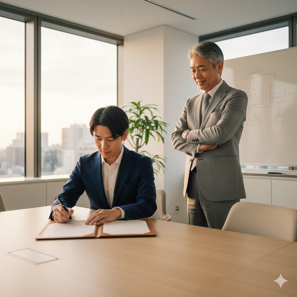 明るいオフィスの一室で、木製の会議机に向かって座る若い男性と、その傍らに腕を組んで立つシニア男性の2人の日本人ビジネスパーソン。手前に座る黒髪の若い男性は、白いワイシャツにネイビーのスーツジャケットを着用し、机の上の革製ホルダーに挟まれた書類に黒いペンで署名をしている。右奥に立つ白髪交じりのシニア男性は、白いワイシャツにグレーのスーツ、ネクタイを着用し、腕を組んで手元の書類を見つめている。背景の右側には組織図のような手書きのフローチャートが書かれたホワイトボードと観葉植物があり、左側の大きな窓からは高層ビル群が広がる都市の景色が写っている。