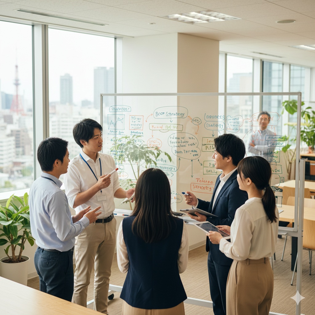 明るいオフィスフロアで、ガラス製の大型ホワイトボードを囲んで立ち、ディスカッションを行う5人の日本人ビジネスパーソン。手前中央には、黒いベストを着用しホワイトボードに向かって背を向けて立つ女性。ホワイトボードを挟んで左側には、白いシャツを着用しマーカーを持って説明する男性と、薄いブルーのシャツを着用し話を聞く男性の2人。右側には、ネイビーのジャケットを着用しマーカーを持つ男性と、白いブラウスを着用しタブレットを持つ女性の2人。ホワイトボードには、黒や赤のマーカーで組織戦略を表すフローチャートや文字（”Business Strategy”、”Market”など）が書き込まれている。背景には、大きな窓から高層ビル群が広がる都市の景色が写っている。