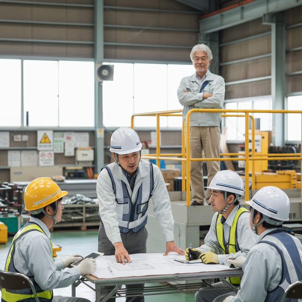 製造工場の建屋内で、図面を囲んでミーティングを行う4人の作業員と、後方の高所からそれを見守るシニア男性の、合計5人の日本人ビジネスパーソン。手前中央には、白いヘルメットと反射ベストを着用し、長机の上に広げられた大きな図面を指差して指示を出す男性。その周囲には、黄色いヘルメットをかぶりタブレットを持つ男性、白いヘルメットをかぶりペンを持つ男性など、作業服姿の3人の作業員が座って話を聞いている。後方の黄色い手すりがついた作業台の上には、白髪で作業服を着用したシニア男性が、腕を組んで直立し手前のミーティングの様子を見つめている。背景には工場の高い天井、窓、工業用換気扇、そして整理された機械設備が写っている。