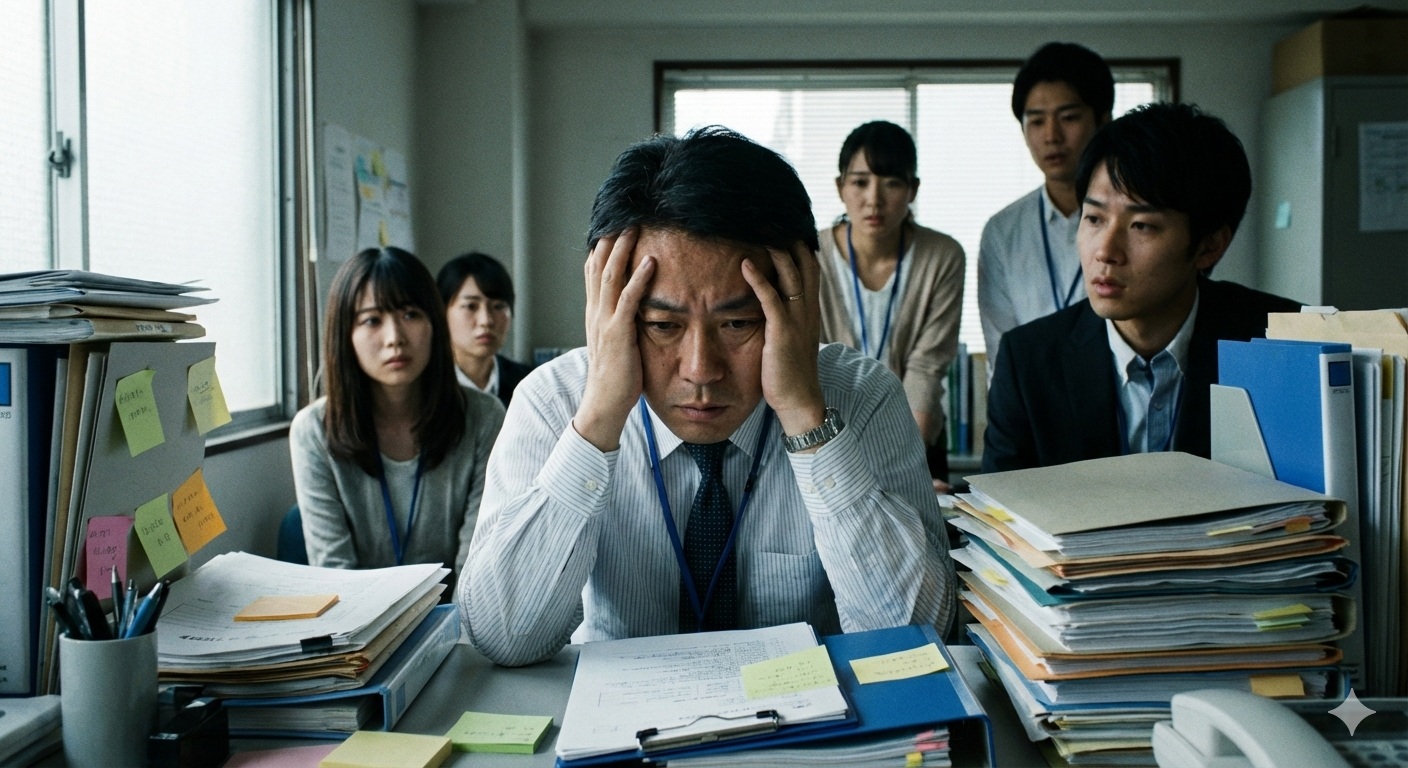 書類に埋もれて頭を抱える管理職と、背後で深刻な表情で見つめる部下たち。過度な業務負荷と属人依存という組織課題を象徴するオフィス風景。