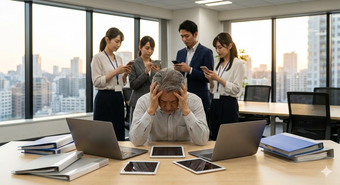 窓際に高層ビルが並ぶオフィスで、複数のノートPCやタブレットを前にして頭を抱える男性と、背後でスマートフォンに集中して業務をこなしている4名の部下たち。