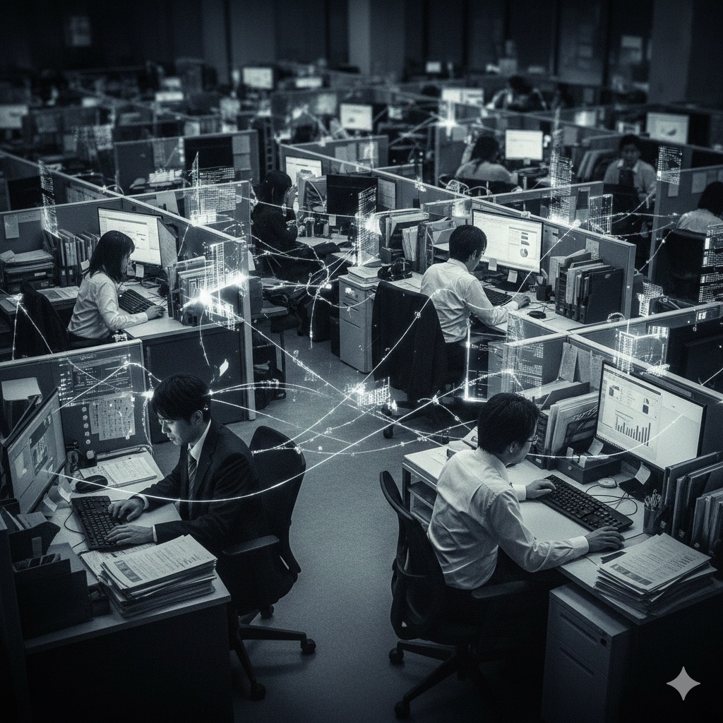 オフィスでデスクに向かってパソコン作業をする複数名の社員の周囲に、デジタルデータのネットワークを表現した光のラインが複雑に交差している。