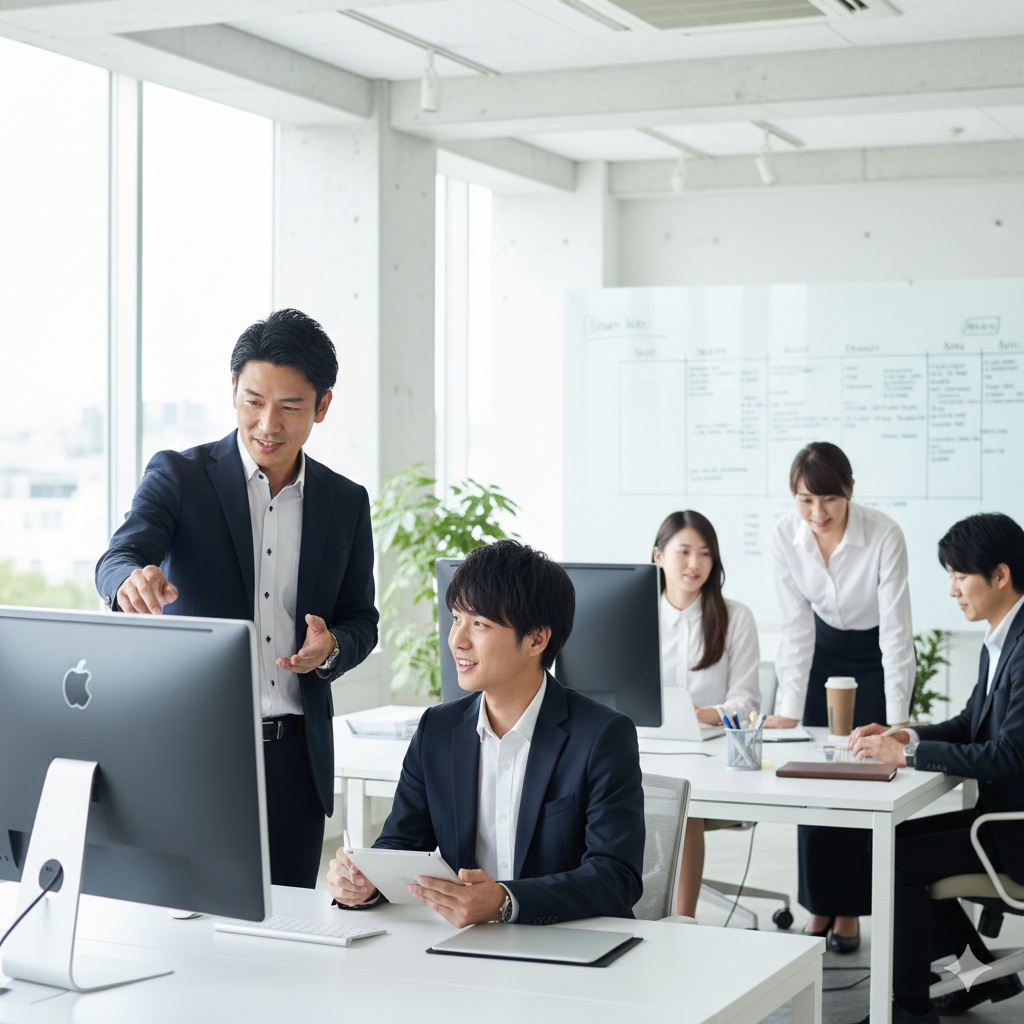 オフィスでデスクに座る男性がタブレットを手に持ち、隣で立っている上司とPCモニターの画面を見ながら話し合っており、背後では他の社員が作業をしている。