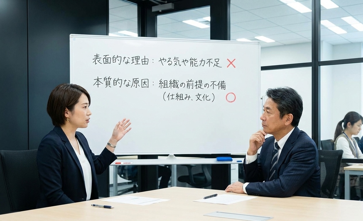 オフィス内での打ち合わせ風景。ホワイトボードには以下のテキストが記載されている。  表面的な理由：やる気や能力不足（×）  本質的な原因：組織の前提の不備（仕組み、文化）（○）  スーツを着用した女性がホワイトボードに向かって左側で手でジェスチャーをしながら話し、スーツを着用した男性が右側のテーブル席で話を聞いている。テーブル上には書類と筆記用具が置かれている。背景には別の人物が座る作業スペースがある。