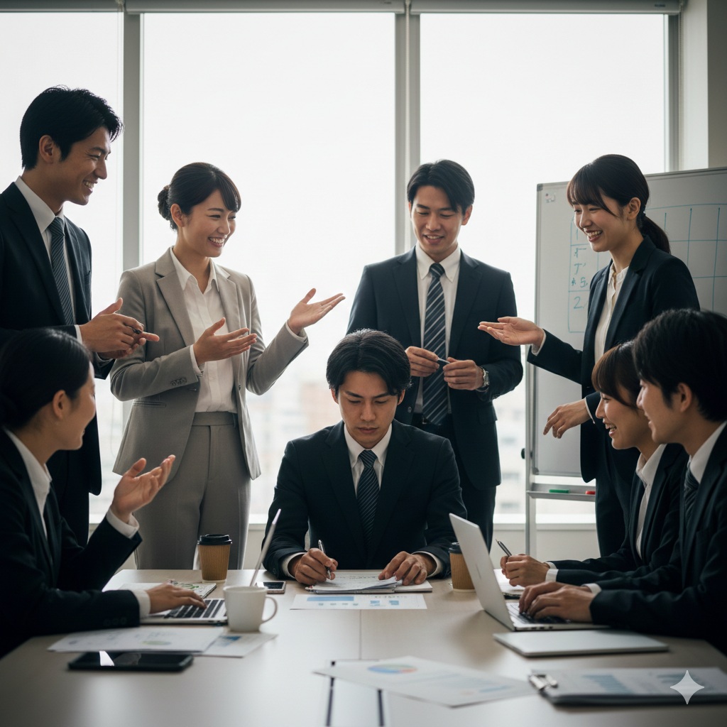 オフィスでの打ち合わせの様子。スーツを着用した男女計8名が、テーブルを囲んで業務を行っている。中央に座る男性が書類にペンを走らせており、その周囲で他のメンバーが身振り手振りを交えて報告や議論を行っている。テーブル上にはノートパソコン、書類、ペン、カップが複数配置されている。背景には窓と、メモが記載されたホワイトボードがある。