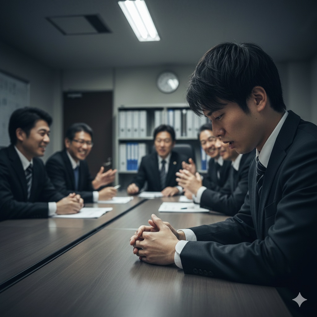 オフィス内の会議室で、テーブルを囲んで座るスーツ姿の男性たちの様子。手前に座る男性は両手を組んで下を向き、沈んだ表情でうつむいている。その後方では、他の複数の男性がテーブルを囲み、互いに向き合って談笑や議論をしている。背景には書類棚と時計が配置されている。