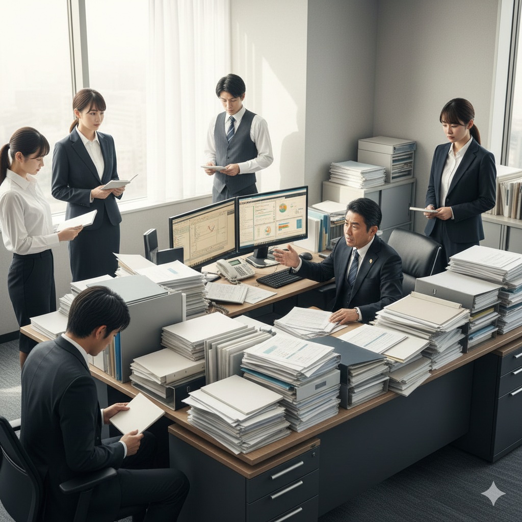 オフィス内での業務風景。スーツやビジネスウェアを着た男女計6名が、書類が山積みになったデスク周辺で作業を行っている。デスク中央ではスーツ姿の男性が、積み上げられた書類を前に、座った状態で右手を広げて指示や説明をしている。周囲では、別の男性が座って資料を確認し、他の男女メンバーが資料を手に持って立っている。背景には窓があり、デスク周りには膨大な書類の束やコンピュータ、電話機が配置されている。
