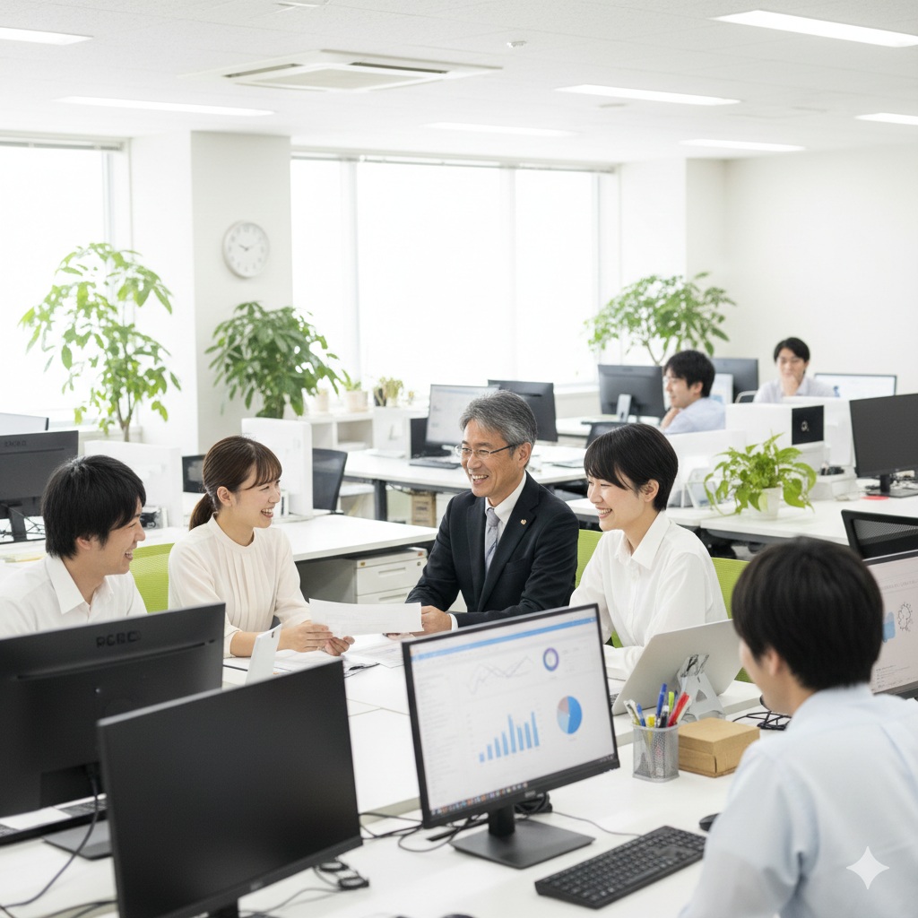 オフィス内のデスクで作業する複数の男女。中央に座るスーツ姿の男性を囲み、白いシャツやブラウスを着た男女がテーブルで書類を広げている。テーブル上には複数のデスクトップモニターが設置されており、画面にはグラフやデータが表示されている。背景には他の従業員が座るオフィススペースと観葉植物、時計がある。